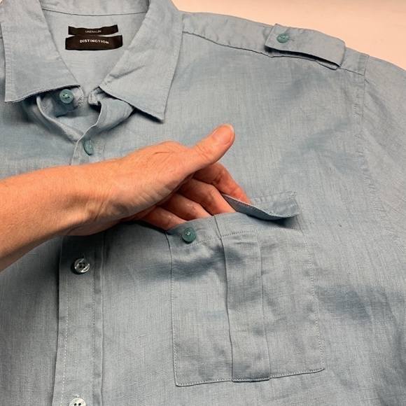 Distinction Short Sleeve 100% Linen Western Button Shirt Size XL 17 1/2 Blue - Picture 4 of 9